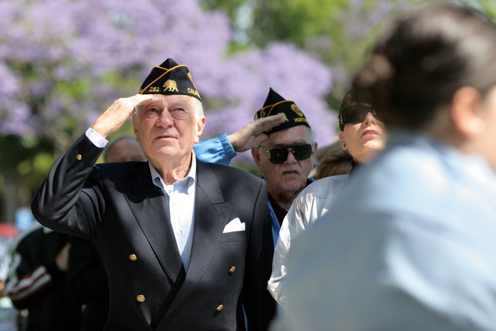 Veterans salute as police cadets lower the flag at the community annual Memorial Day ceremony.